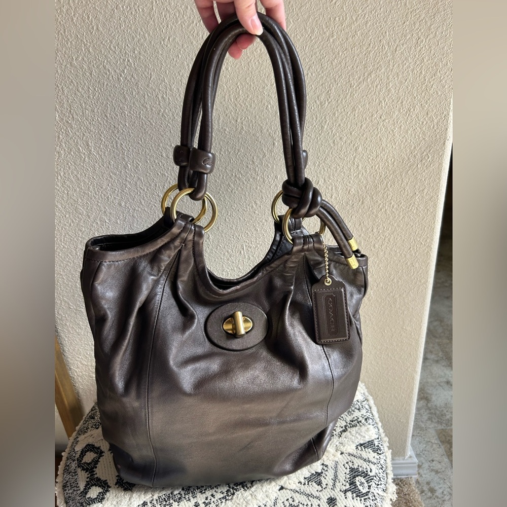 Coach Parker Brown Shiny Soft Leather Turn Lock & Knot Shopper Handbag